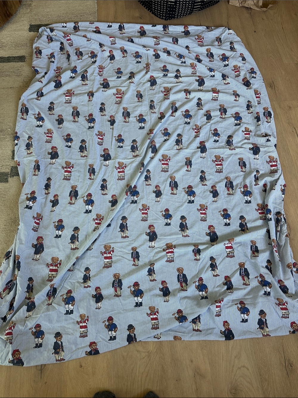 Vintage Ralph Lauren Blue Striped Polo Bear Cotton Fitted Full Sheet